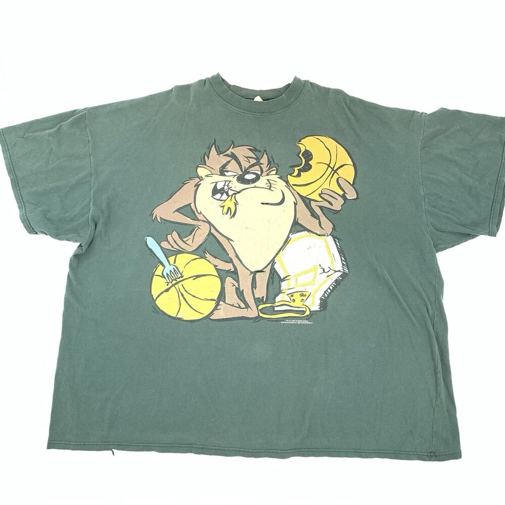 Vintage 1995 Looney Tunes Taz Eats Basketball T-Shirt Size 5X Mens Adult Green